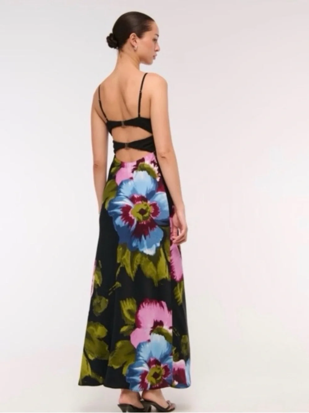 Abercrombie & Fitch Black Floral Slip Maxi Dress with Pink & Blue Blooms